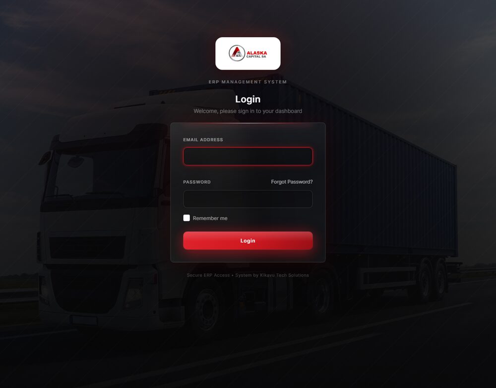 Alaska Capital SA admin login screen, dark glass-panel design with red brand accent