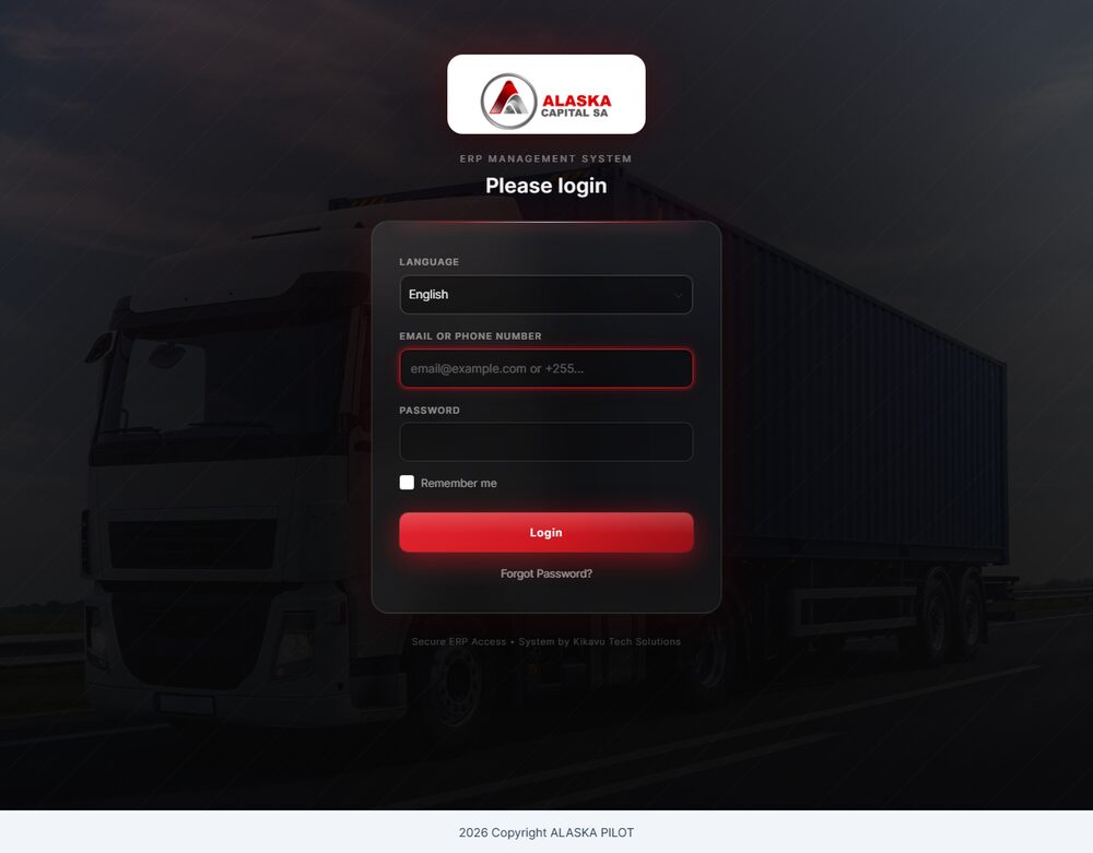 Alaska Capital SA client portal login screen, matching dark design