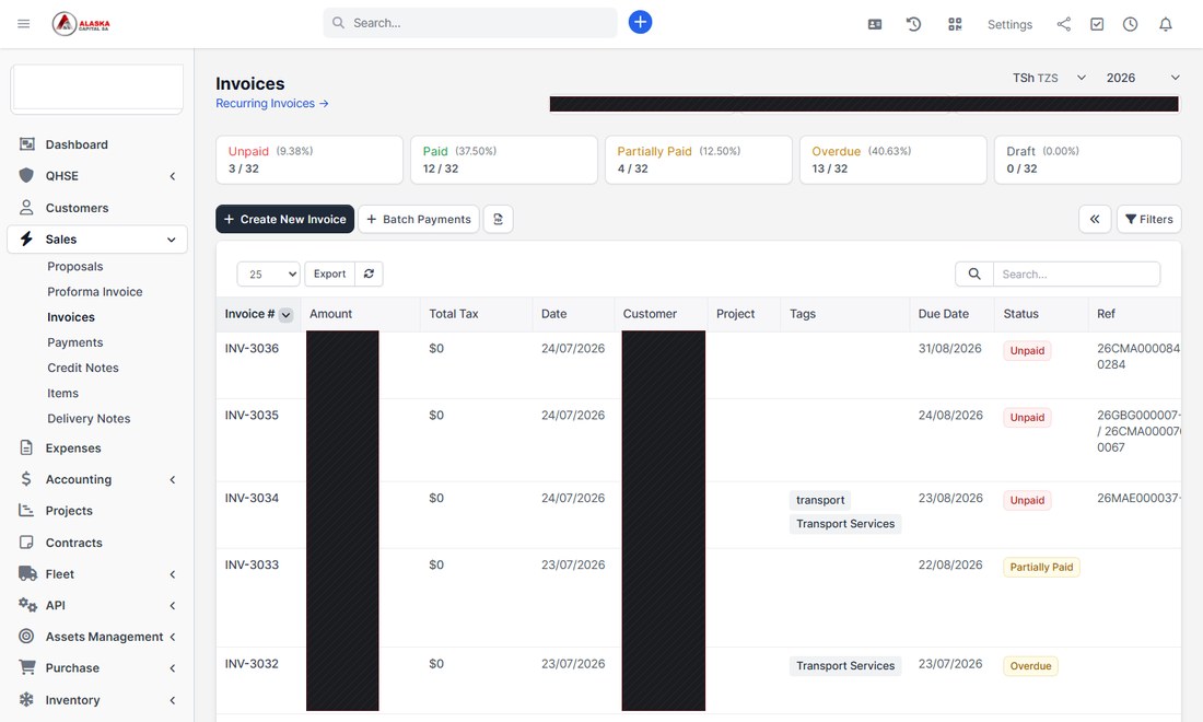 Invoice list showing workflow and status